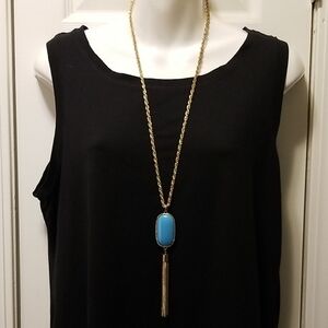 Gold and Blue Pendant Necklace with Tassel